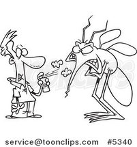 Cartoon Black and White Line Drawing of a Guy Spraying a Big Bug with Repellent by Toonaday