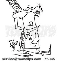 Cartoon Black and White Line Drawing of a Scientist Researching Paper Airplanes by Toonaday