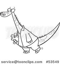 Cartoon Outlined Dinosaur in Pajamas, Carrying a Teddy Bear by Toonaday