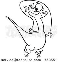 Cartoon Outlined Happy Female Dinosaur Playing with a Jump Rope by Toonaday