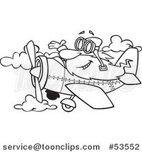 Cartoon Outlined Happy Old Guy Waving and Flying a Plane by Toonaday