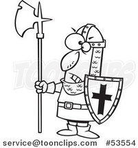 Cartoon Outlined Angry Medieval Castle Guard with an Axe and Shield by Toonaday