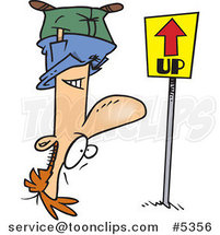 Cartoon Reversed Guy Upside Down, Facing an up Sign by Toonaday