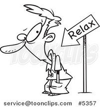 Cartoon Black and White Line Drawing of a Relax Arrow Pointing at a Guy by Toonaday