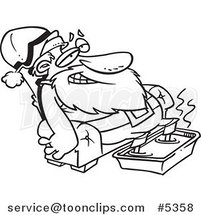 Cartoon Black and White Line Drawing of Santa Relaxing with a Foot Bath by Toonaday