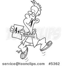 Cartoon Black and White Line Drawing of a Happy Boy Holding a Good Report Card by Toonaday