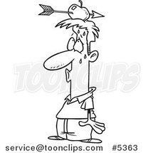 Cartoon Black and White Line Drawing of a Relieved Guy with an Arrow Through an Apple on His Head by Toonaday