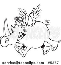 Cartoon Black and White Line Drawing of a Flying Rhino by Toonaday