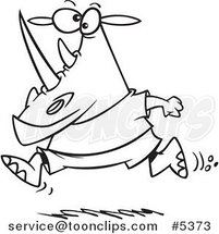 Cartoon Black and White Line Drawing of a Jogging Rhino by Toonaday