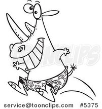 Cartoon Black and White Line Drawing of a Rhino Jumping into a Pool by Toonaday