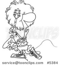 Cartoon Black and White Line Drawing of a Rocker Playing a Guitar by Toonaday