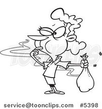 Cartoon Black and White Line Drawing of a Lady Catching a Whiff of Ripe Garbage by Toonaday