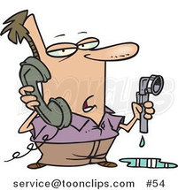 Cartoon Guy with a Leaky Pipe, Calling a Plumber by Toonaday