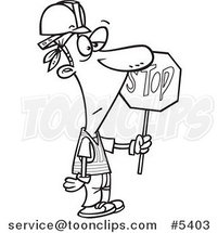 Cartoon Black and White Line Drawing of a Construction Guy Holding a Stop Sign by Toonaday