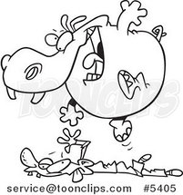 Cartoon Black and White Line Drawing of a Hippo Pouncing on a Guy by Toonaday