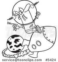 Cartoon Black and White Line Drawing of a Space Guy Riding a Rocket by Toonaday