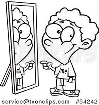 Cartoon Black and White Boy Pointing to His Reflection in the Mirror by Toonaday