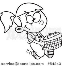 Cartoon Black and White Happy Girl Carrying a Bushel of Apples by Toonaday