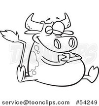 Cartoon Black and White Happy Fat Cow Sitting by Toonaday