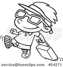 Cartoon Black and White Happy Boy Pulling Luggage and Ready for Vacation by Toonaday