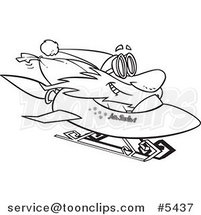 Cartoon Black and White Line Drawing of Santa on a Rocket Sled by Toonaday