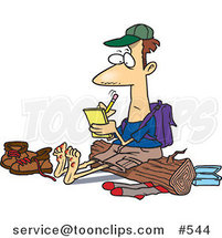 Cartoon Barefoot Hiker with Blisters on His Feet, Writing in His Journal by Toonaday