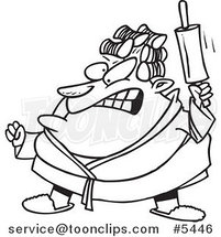 Cartoon Black and White Line Drawing of a Mad Lady Waving a Rolling Pin by Toonaday