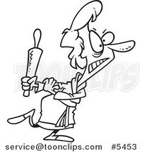 Cartoon Black and White Line Drawing of a Mad Lady Carrying a Rolling Pin by Toonaday