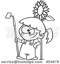 Cartoon Black and White Happy Girl Standing with a Gardening Hoe by a Sunflower by Toonaday
