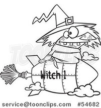 Cartoon Black and White Witch Flying on a Rocket Broomstick by Toonaday