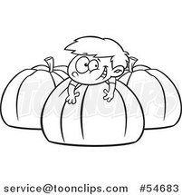 Cartoon Black and White Happy Boy Resting on a Large Pumpkin by Toonaday