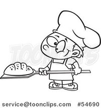 Cartoon Black and White Happy Baker Boy with Fresh Bread by Toonaday