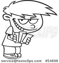 Cartoon Black and White Grinning Boy Playing Go Fish by Toonaday