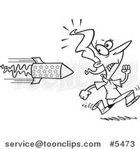 Cartoon Black and White Line Drawing of a Lady Running from a Rocket by Toonaday