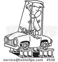 Cartoon Coloring Page Line Art of a Guy in a Tireless Car on Blocks by Toonaday