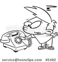 Cartoon Black and White Line Drawing of a Boy Trying to Use a Rotary Phone by Toonaday