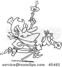 Cartoon Black and White Line Drawing of a Cowboy Shooting a Gun and Riding a Stick Pony by Toonaday