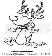 Cartoon Black and White Line Drawing of a Reindeer Running by Toonaday