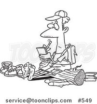 Cartoon Coloring Page Line Art of a Barefoot Hiker with Blisters on His Feet, Writing in His Journal by Toonaday