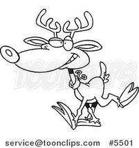 Cartoon Black and White Line Drawing of a Reindeer Walking by Toonaday