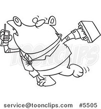 Cartoon Black and White Line Drawing of a Rushed Business Bear by Toonaday