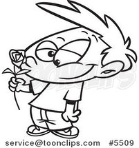 Cartoon Black and White Line Drawing of a Boy Holding a Red Rose by Toonaday