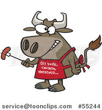 Cartoon Bbq Cow Holding a Sausage on a Fork and Wearing an Eat Pork Chicken Whatever Apron by Toonaday