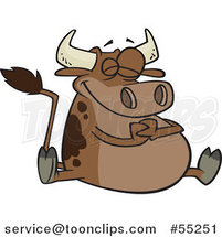 Cartoon Happy Fat Brown Cow Sitting by Toonaday