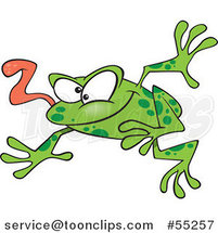 Cartoon Leaping Green Frog with His Tongue Hanging out by Toonaday