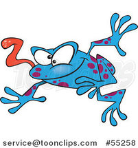 Cartoon Leaping Blue Frog with His Tongue Hanging out by Toonaday