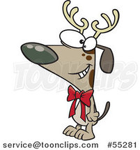 Cartoon Christmas Dog Wearing Antlers and a Bow by Toonaday