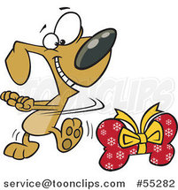 Cartoon Happy Christmas Dog Doing a Happy Dance by a Bone Gift by Toonaday