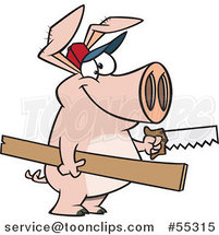 Cartoon Carpenter Pig Holding Lumber and a Saw by Toonaday