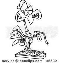 Cartoon Black and White Line Drawing of a Rooster Measuring and Weighing Himself by Toonaday
